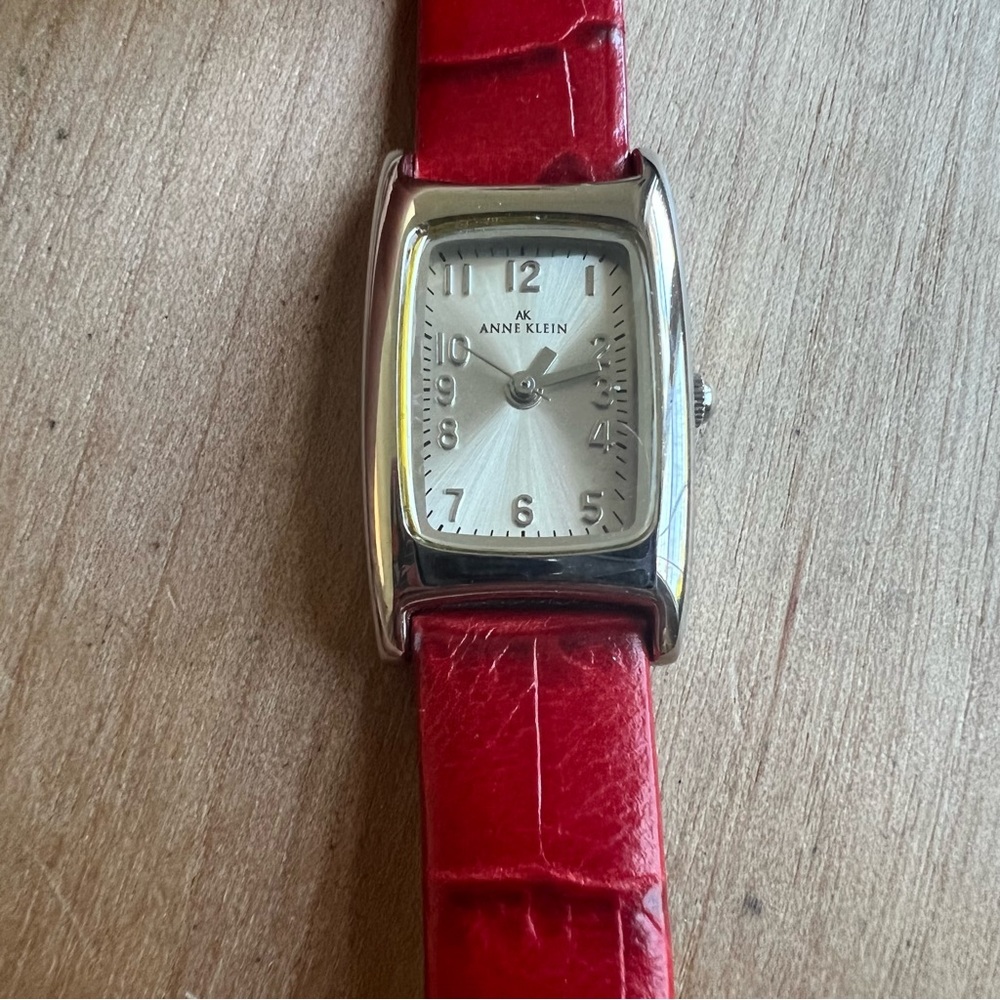 Anne Klein ladies rectangular red leather dress watch NEW BATTERY
